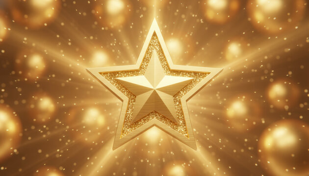 Shiny golden star symbol with glitter texture and bright light rays on abstract bokeh background representing award success winner concept and festive christmas celebration decoration.