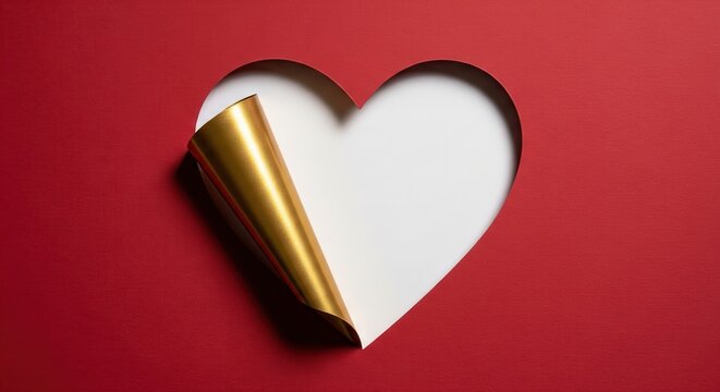 Red paper with heart shape and gold foil peel. A visually striking conceptual background with texture and color. Celebration, affection, modern art.