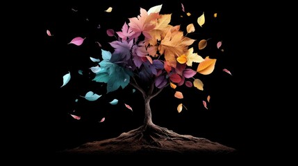 A digitally created image of a tree with colorful leaves blowing in the wind against a black background.