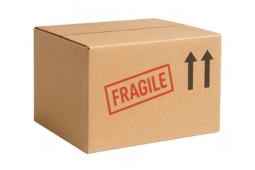 Cardboard shipping box with fragile stamp and up arrows, representing delivery service, global mail, and relocation
