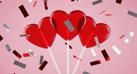 Three heart-shaped lollipops on a pink background, with red and silver confetti falling. A sweet still life representing love and celebration. Festive mood, Valentine's Day, cheerful delight.
