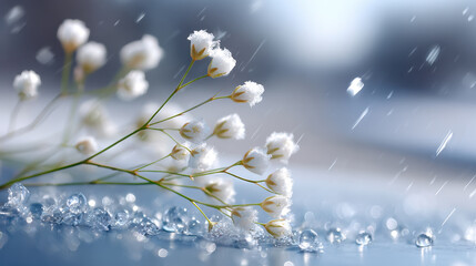 Snowflakes and frosty flowers under cold daylight. Winter wonderland.