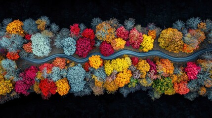 Aerial view of a winding road through a forest of colorful trees in autumn. The trees display vibrant hues of red, orange, yellow, and green.