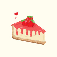 A slice of cheesecake drizzled with glaze and topped with three strawberries. Cute sweet dessert vector illustration. Birthday cake.