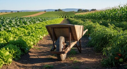 Wheelbarrow on a dirt path in a vibrant agricultural field.