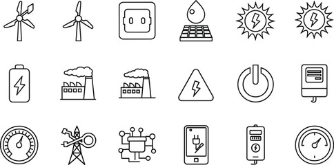 Collection of renewable energy, electricity generation, power technology, industrial energy sources, sustainability icons and utility equipment illustrated in modern outline vector style