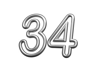 Fototapeta premium Number Thirty four 34 Made Of Silver Metallic White Background 3D Illustration