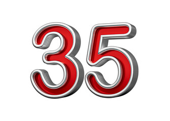Vibrant Red Number Thirty five 35 With Metallic Gleam And Beveled Edges, 3D Illustration