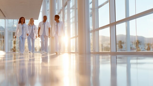 Healthcare professionals walk together in a bright modern hospital corridor
