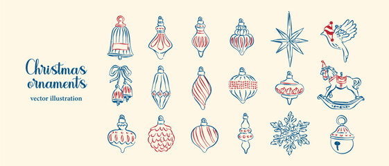 Set of Christmas ornaments hand-drawn style, whimsical drawing art Christmas elements illustration for Christmas, New Year, greeting cards, invitations, birthday party, gift