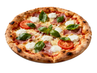 Freshly baked pizza with mozzarella, tomato slices, prosciutto, and basil leaves on a white background