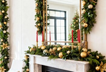 Elegant Christmas fireplace mantel decorated with green garland and gold ornaments. Red candles on shelf and large mirror reflection. Holiday home interior