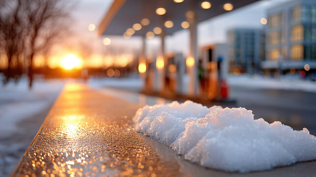 Winter highway refuel. Melting snow on low barrier glows in orange sunset near city gas station. Works for topics about cold weather driving and rising fuel costs.