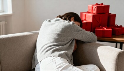 Obraz premium Tired woman feeling stressed during the Christmas holidays. Exhausted person resting on a sofa with a pile of red gifts. Holiday burnout and seasonal depression concept