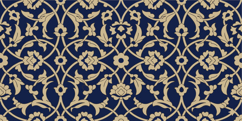 Intricate Floral Pattern in Gold and Navy Blue, Perfect for Wallpaper and Decorative Designs