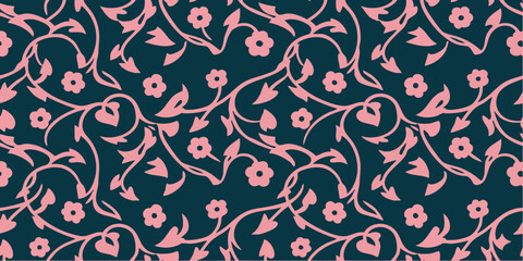 Elegant Floral Pattern with Pink Flowers and Vines on a Dark Teal Background