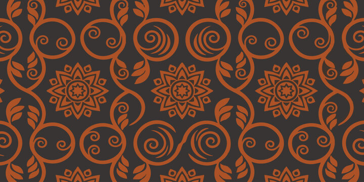 Elegant seamless pattern with intricate floral scrolls and stylized star motifs in warm terracotta and brown, perfect for vintage backgrounds, fabrics, or decorative papers