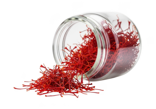 Red saffron threads spilling from a glass jar, isolated on transparent background