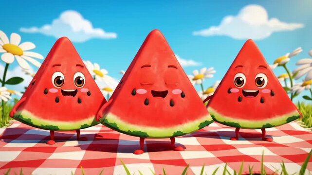 Cartoon watermelon characters on picnic blanket smiling outdoors in vibrant sunlight