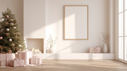 Fototapeta premium Cozy holiday living space decorated with a Christmas tree and wrapped gifts