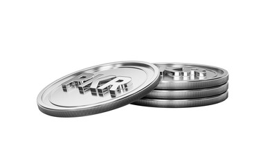 Shiny silver Pakistani Rupee PKR coins stacked on a black background.