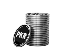 Shiny silver Pakistani Rupee PKR coins stacked, finance and economy concept.