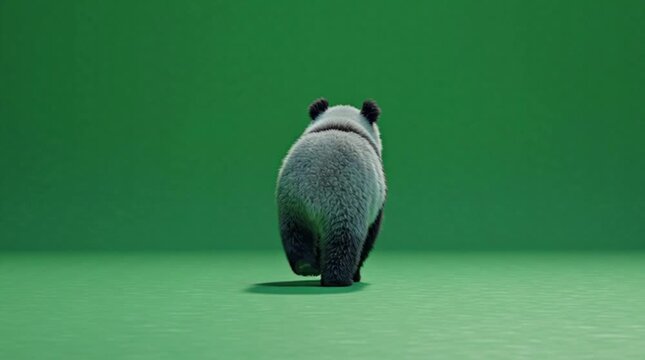 Rear view of a panda standing on a green floor against a green background.
