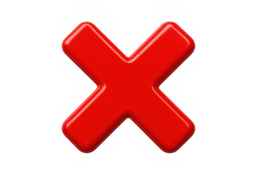 Red glossy x mark symbol representing deletion, wrong answer, cancellation, error, and rejection on transparent background