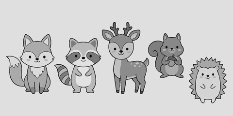Obraz premium Adorable grayscale forest animal characters set, including a fox, raccoon, deer, squirrel, and hedgehog, perfect for kids' designs and educational materials