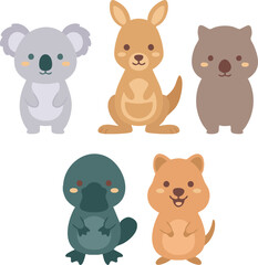 Cute Australian Animals Collection Kangaroo, Koala, Wombat, Platypus, and Quokka Cartoon Vector Art