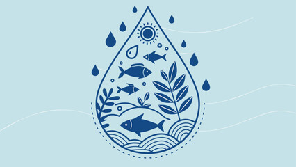 Protecting our waters with aquatic life and greenery inside a water droplet, promoting clean water initiatives and environmental awareness for future generations
