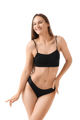 Young woman in underwear on white background. Liposuction concept