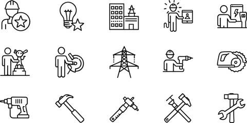 Modern construction and engineering line icons showcasing tools, workers, buildings, power equipment, creativity, maintenance, craftsmanship, and industrial technology elements.