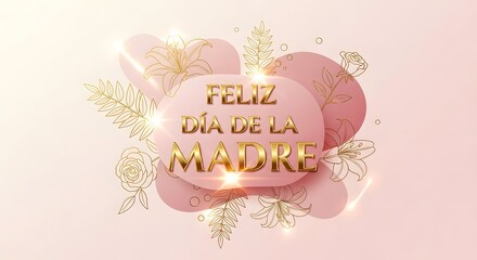 Elegant Mother's Day greeting card design with golden 'Feliz Día de la Madre' text on a soft pink abstract background adorned with delicate floral outlines and sparkling accents.