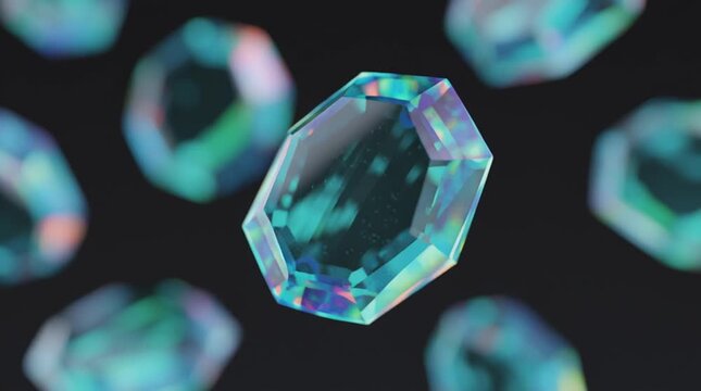 Geometric crystal shapes in jewel tone teal are showcased in a captivating sequence, with dynamic camera movement emphasizing their intricate facets and reflections