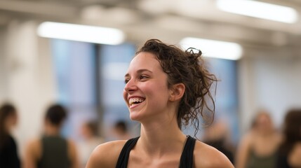 Joyful dancer enjoying a lively moment in a crowded studio during class