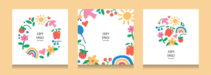 Fototapeta premium Vector illustration in flat cartoon style with postcard set, collection of bright spring doodles and copy space templates, naive childlike flowers, rainbow, sun, dove, apple, balloon cheerful designs