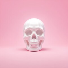 Obraz premium A white glossy skull on a pink background. Simple, minimal, and eye-catching.