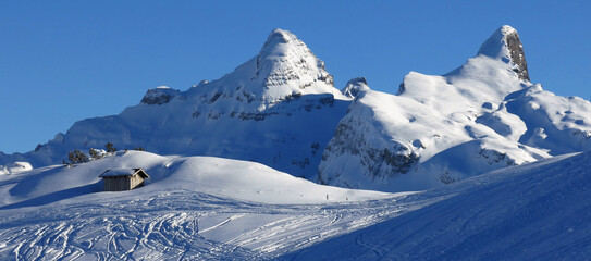 Fulen and Rossstock in winter, view from the Stoos ski area, Switzerand.