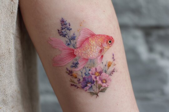 Rosey Goldfish Tattoo on arm: A captivating goldfish design in vibrant pink hues, surrounded by a floral arrangement of lavender and other delicate blossoms, adorns the curve of an arm.