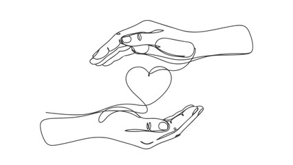 One line art continuous illustration showing two hands holding a heart, showcasing a minimalist design in eps format