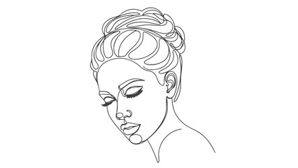 One line art continuous drawing of a woman's face, minimalist elegant sketch with closed eyes, a refined and abstract portrait style