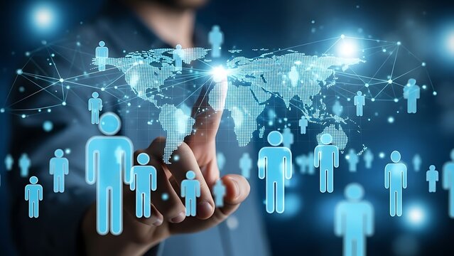 Hand touching digital world map with connected people icons representing global network