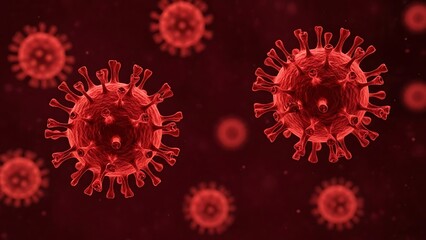 Red coronavirus particles floating in dark space, scientific visualization