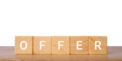 Wooden blocks with word offer for special promotion concept, isolated on transparent background