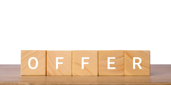 Wooden blocks with word offer for special promotion concept, isolated on transparent background