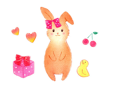 リボンを付けた可愛いうさぎのアナログイラスト 赤ちゃん向け 子供向け パステル 色鉛筆 水彩風 プレゼント ハート ひよこ サクランボ　Cute rabbit with ribbon illustration. Perfect for babies and children. Pastel, colored pencil, watercolor style. Gift. Heart, chick
