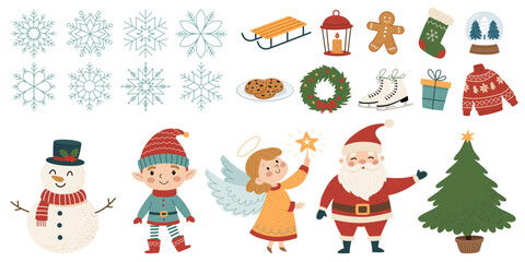 Christmas vector set with Santa Claus, angel, elf, snowman, snowflakes and cozy winter holiday elements.
