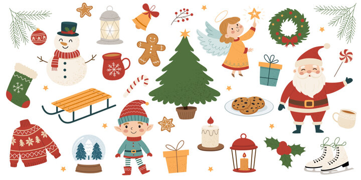 Christmas vector set with Santa Claus, snowman, elf, angel, gifts, and festive holiday elements - cozy winter illustration collection - Powered by Adobe