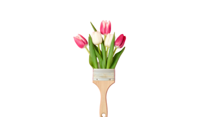 Paintbrush holding colorful tulips, set against a stark black background